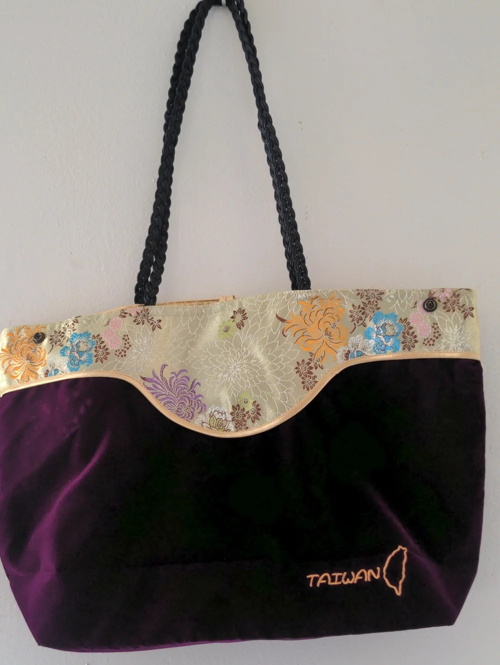 Purple Velvet Tote with Floral Embroidered Trim